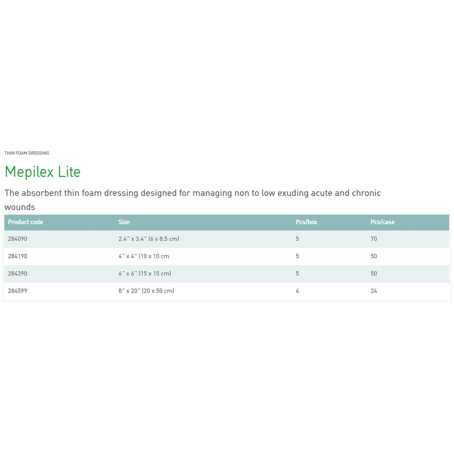 DRESSING, MEPILEX LITE 20CMX50CM