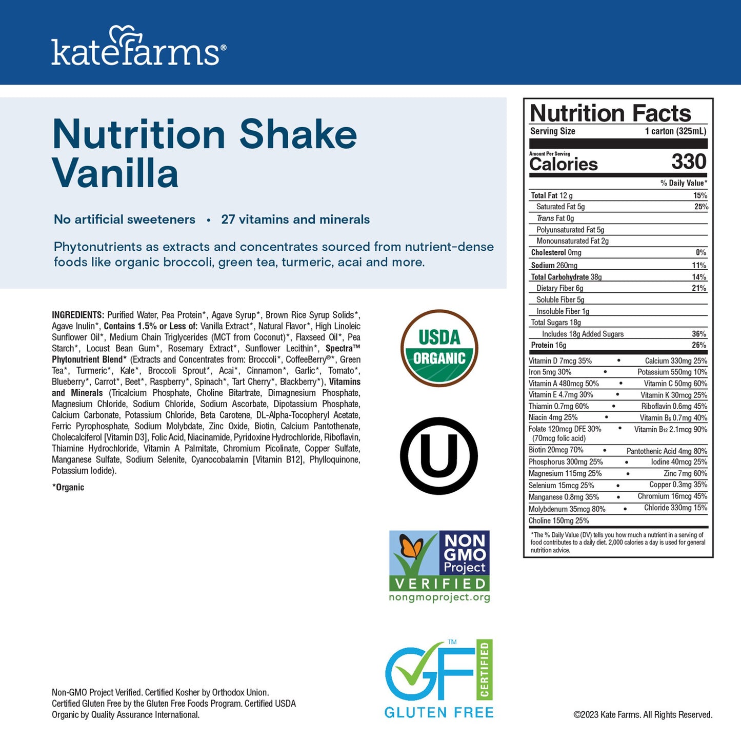 SHAKE, NUTRITION KATE FARMS VAN 11 FL OZ 325ML