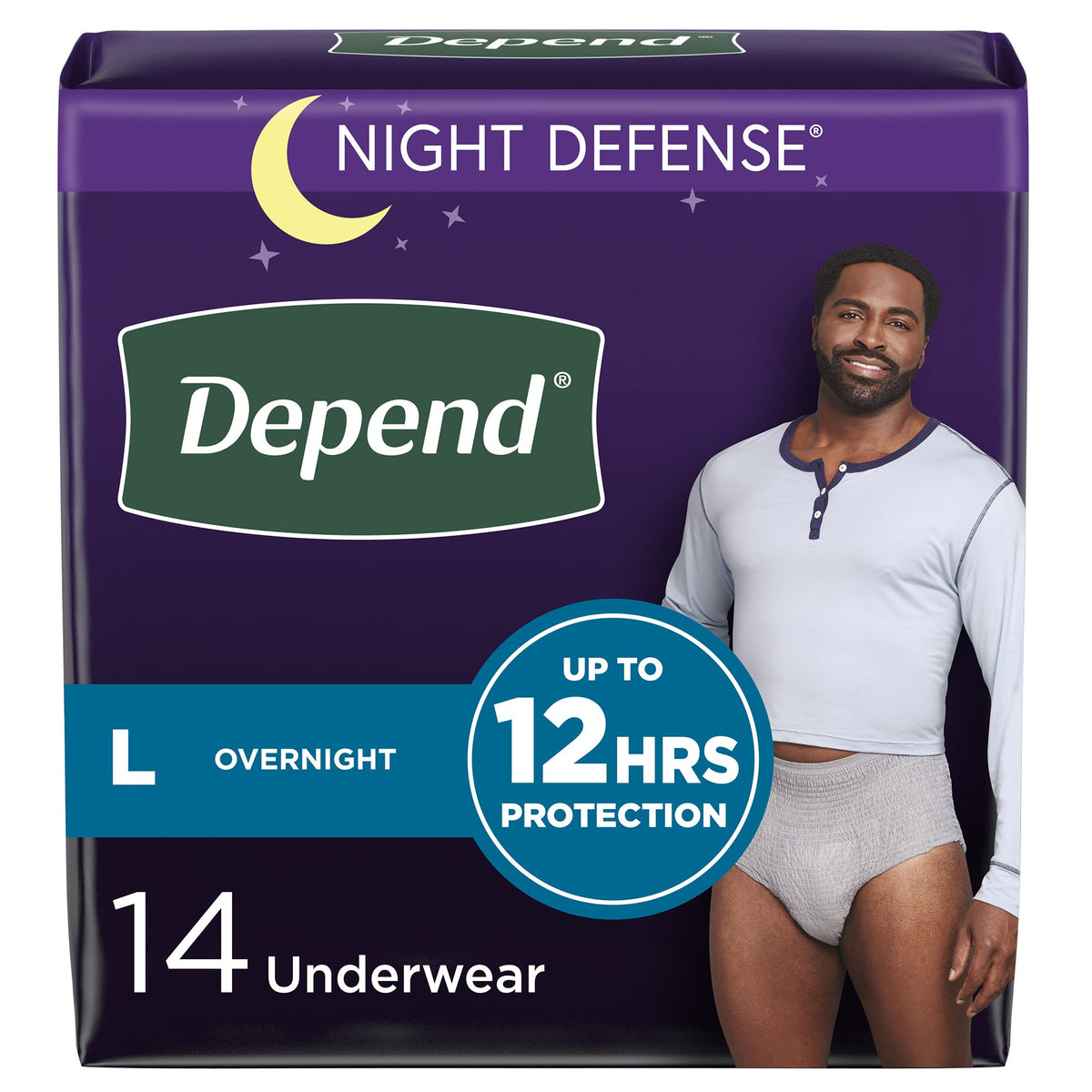 UNDERWEAR, DEPEND NIGHT DEFENSE GRY LG
