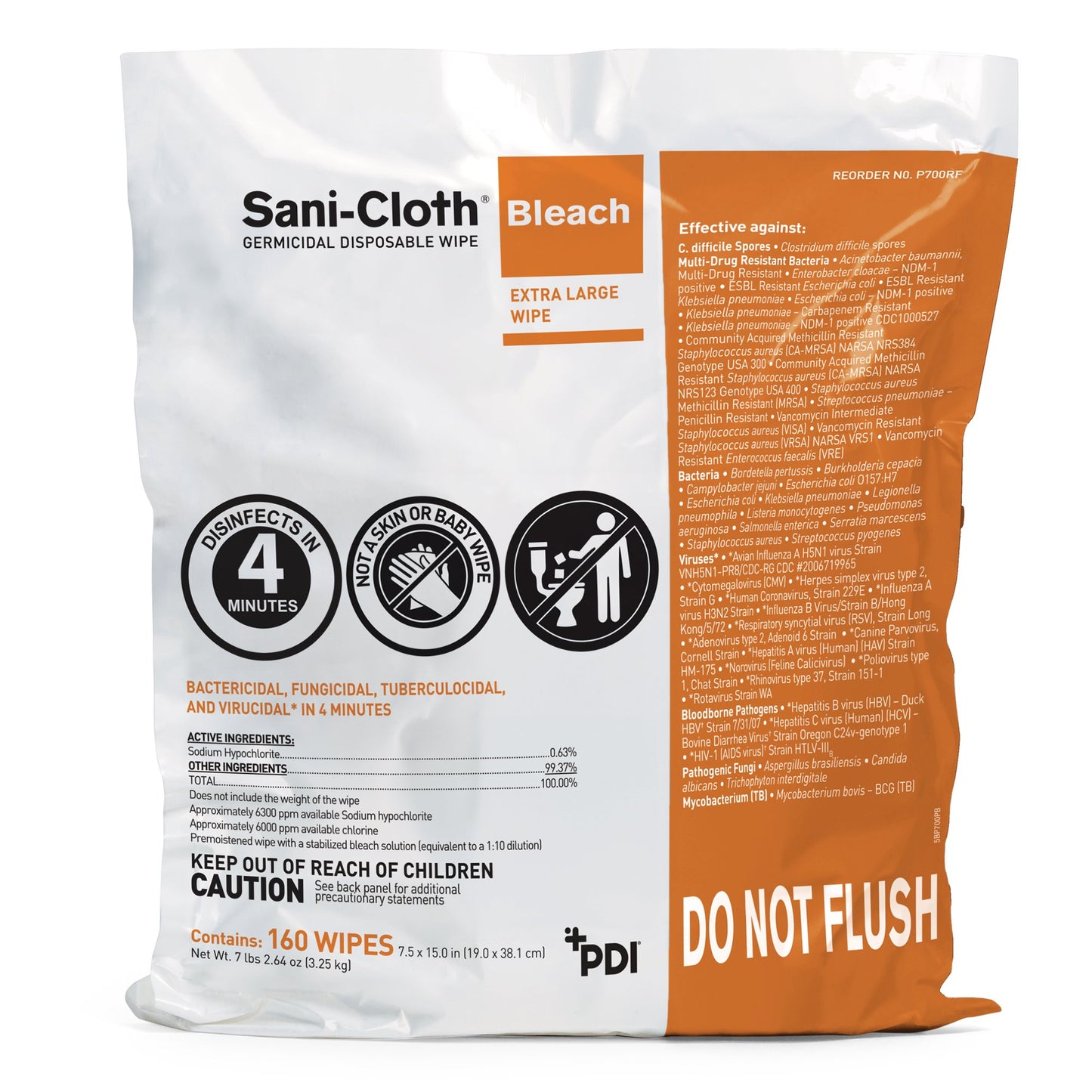 WIPE, BLEACH SANI-CLOTH REFILL7.5X15"