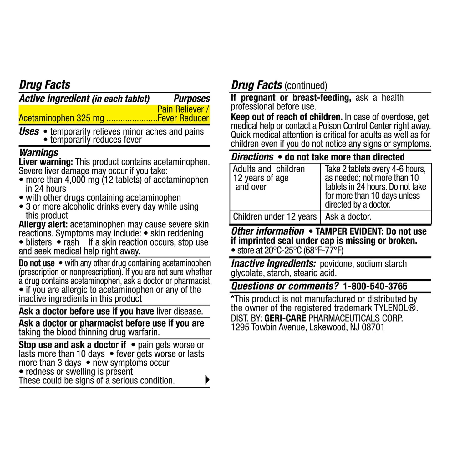 ACETAMINOPHEN, TAB 325MG (1000/BT 12BT/CS)