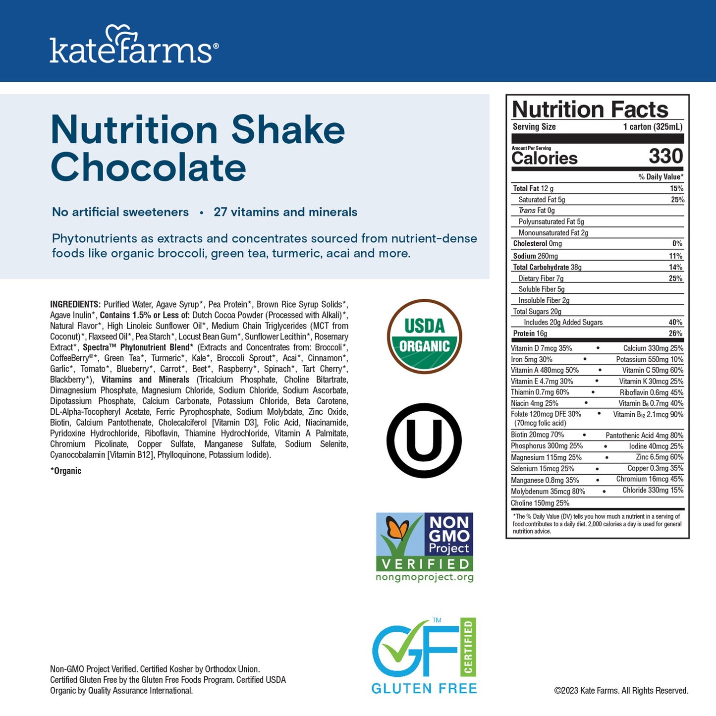 SHAKE, NUTRITION KATE FARMS CHOCOLATE 11FL OZ 325ML