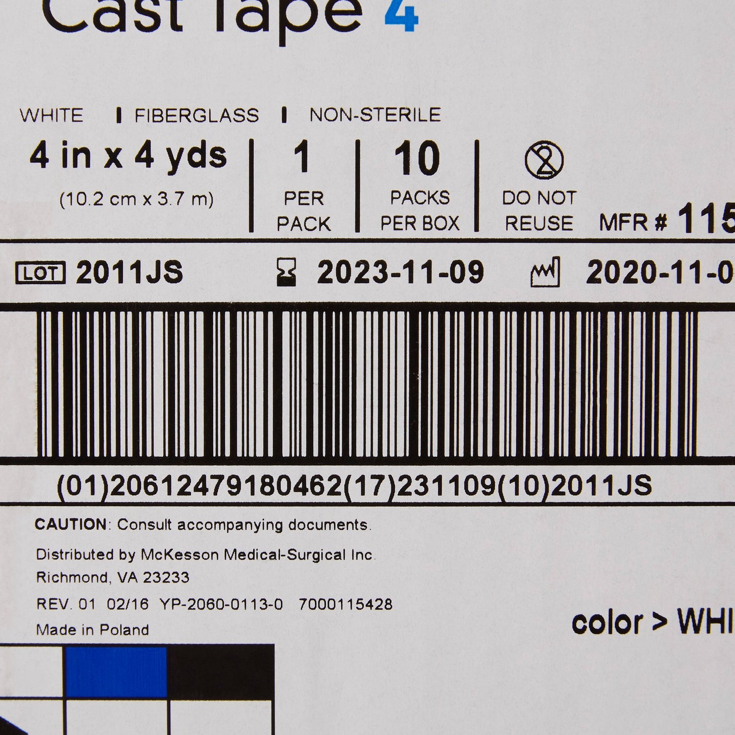 TAPE, CAST WHT LF 4"X4YDS