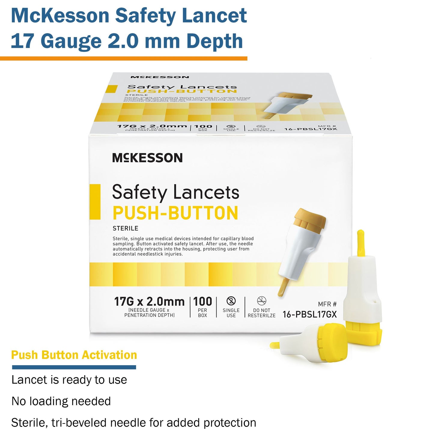 LANCET, SAFETY PUSH-BUTTON 17GNDL 2.0MM LF YLW