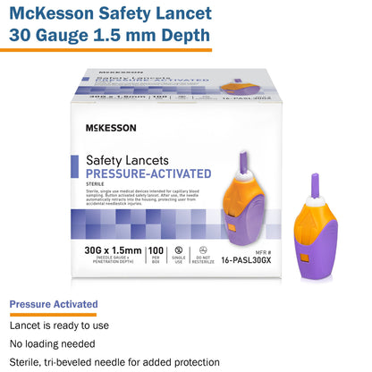 LANCET, SAFETY PRESS ACTIV PURP 1.5MM 30G