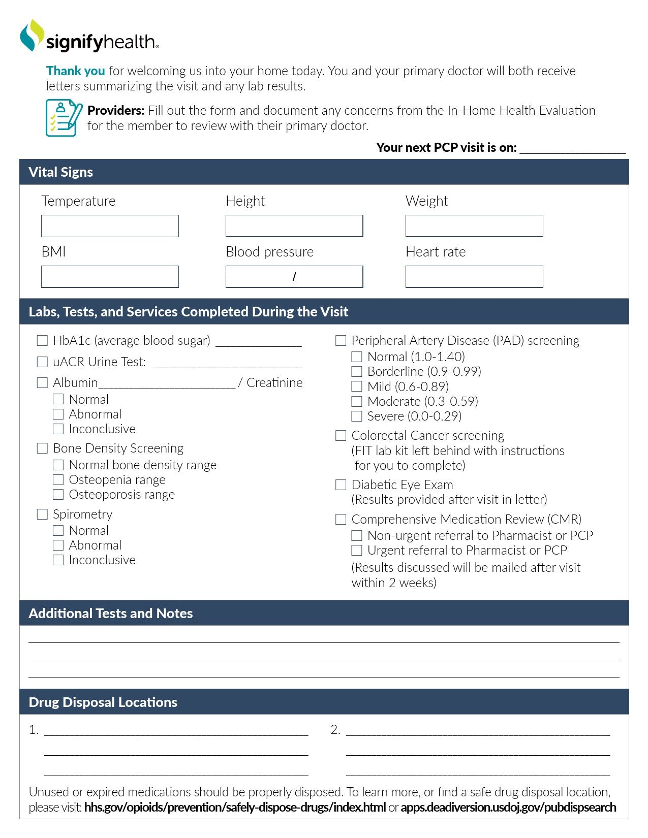 PAD, HEALTH LEAVE BEHIND PROVIDER CHECK LIST