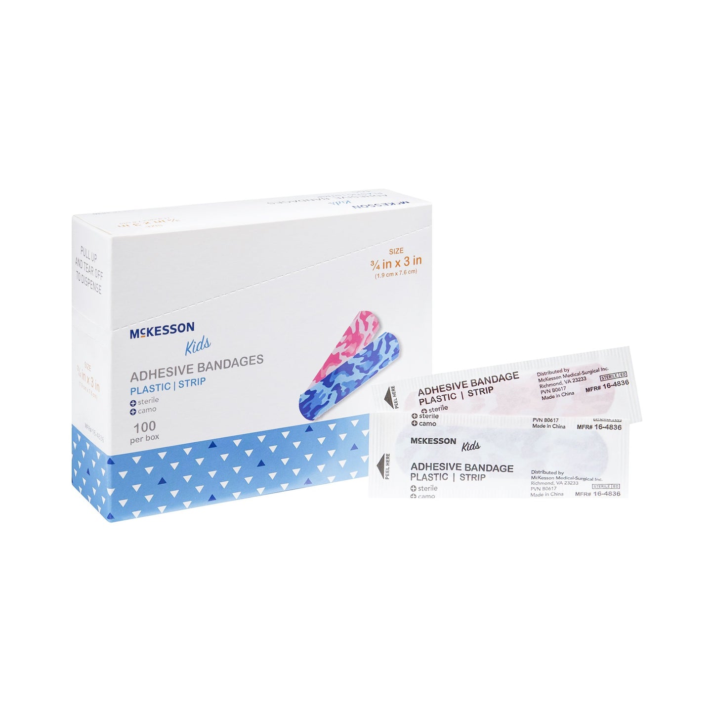 BANDAGE, ADHSV MCKID BLU/PNK CAMO STRIP 3/4"X3"
