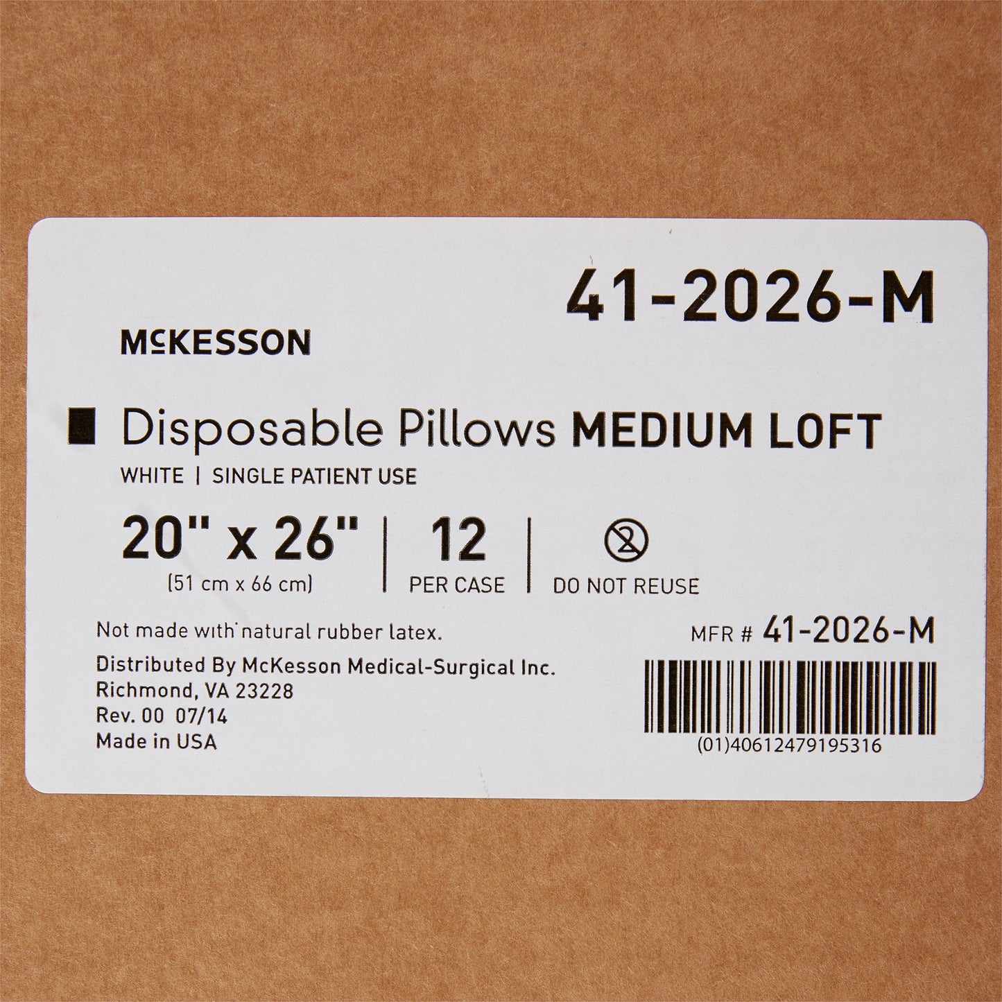 PILLOW, DISP MED LOFT WHT 20X26"