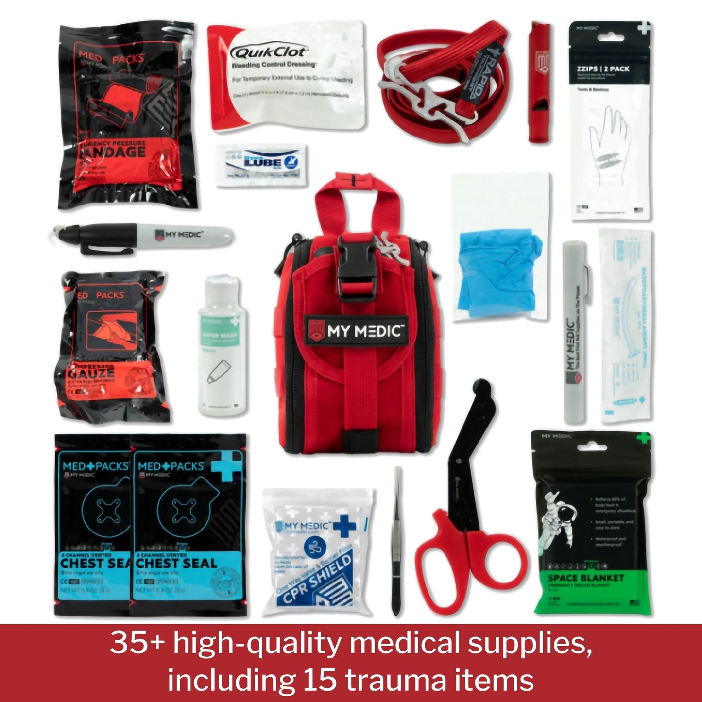FIRST AID KIT, TFAK TRAUMA PRO35PC NYLON BAG RED 8X5X4"