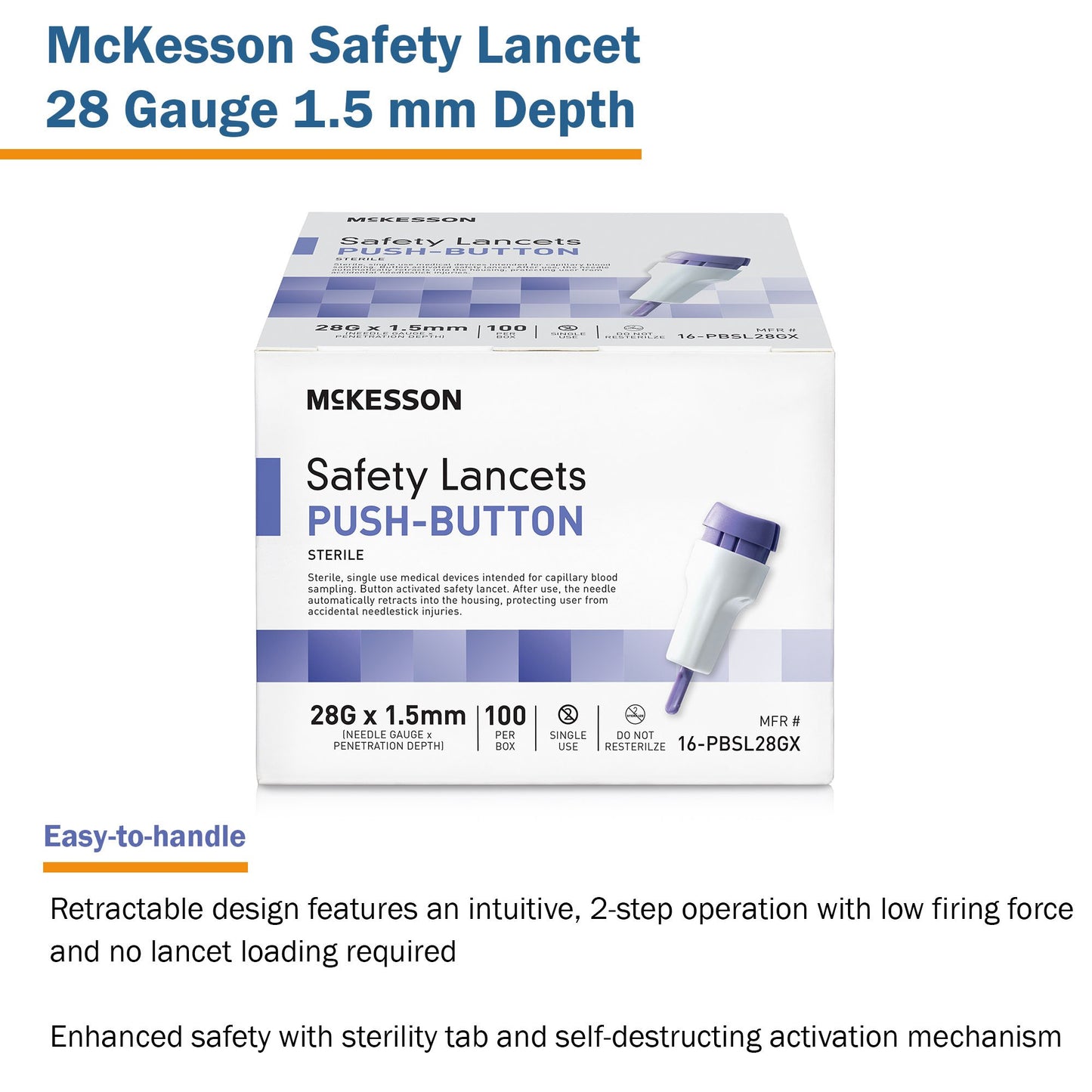 LANCET, SAFETY PUSH-BUTTON 28GNDL 1.5MM LF PUR