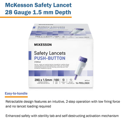 LANCET, SAFETY PUSH-BUTTON 28GNDL 1.5MM LF PUR