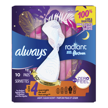 PAD, ALWAYS RADIANT W/FLEXI-WINGS OVERNIGHT SZ4