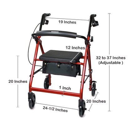 WALKER, ROLLATOR LTWT FOLDINGALUM W/6" WHLS RED 300LB