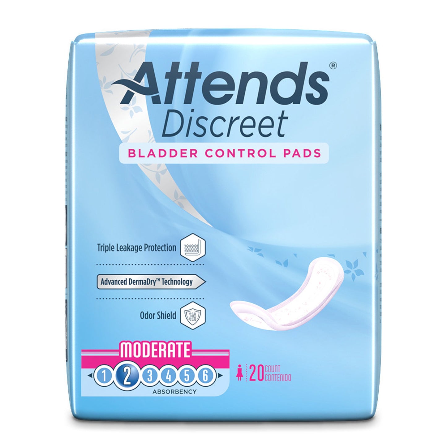 PAD, BLADDER CNTRL ATTENDS DISCREET MODERATE
