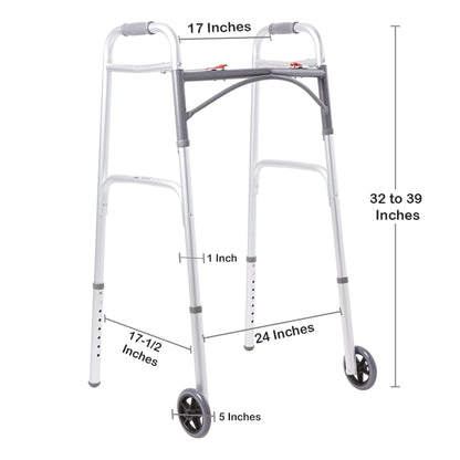 WALKER, FOLDING ALUM W/WHEELSADLT 350LB