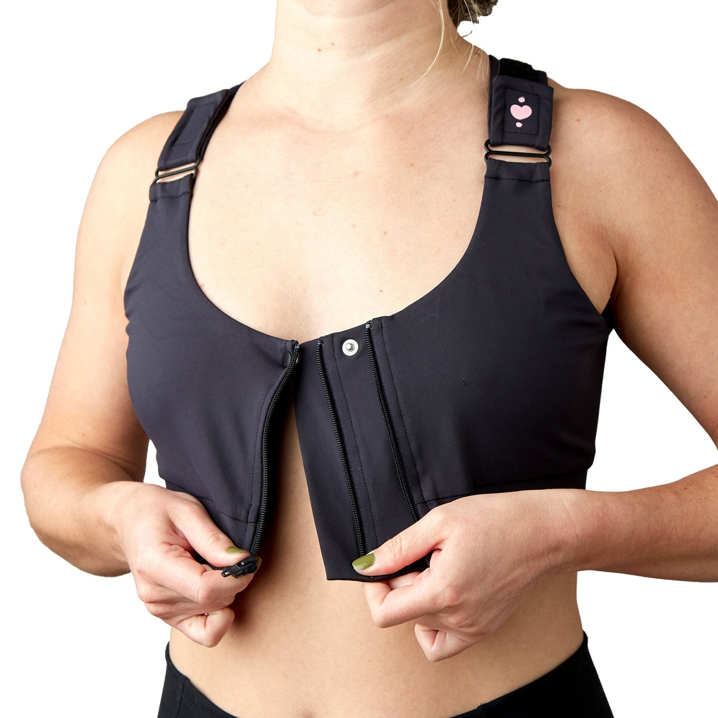BRA, PST-OP SHIRL W/DBL ZIP FRNT CLSR STRAP BLK XLG