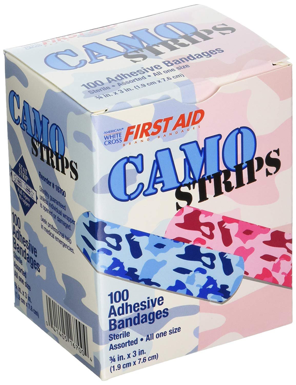 BANDAGE, ADH STRIP BLU/PNK CAMO 3/4"X3"