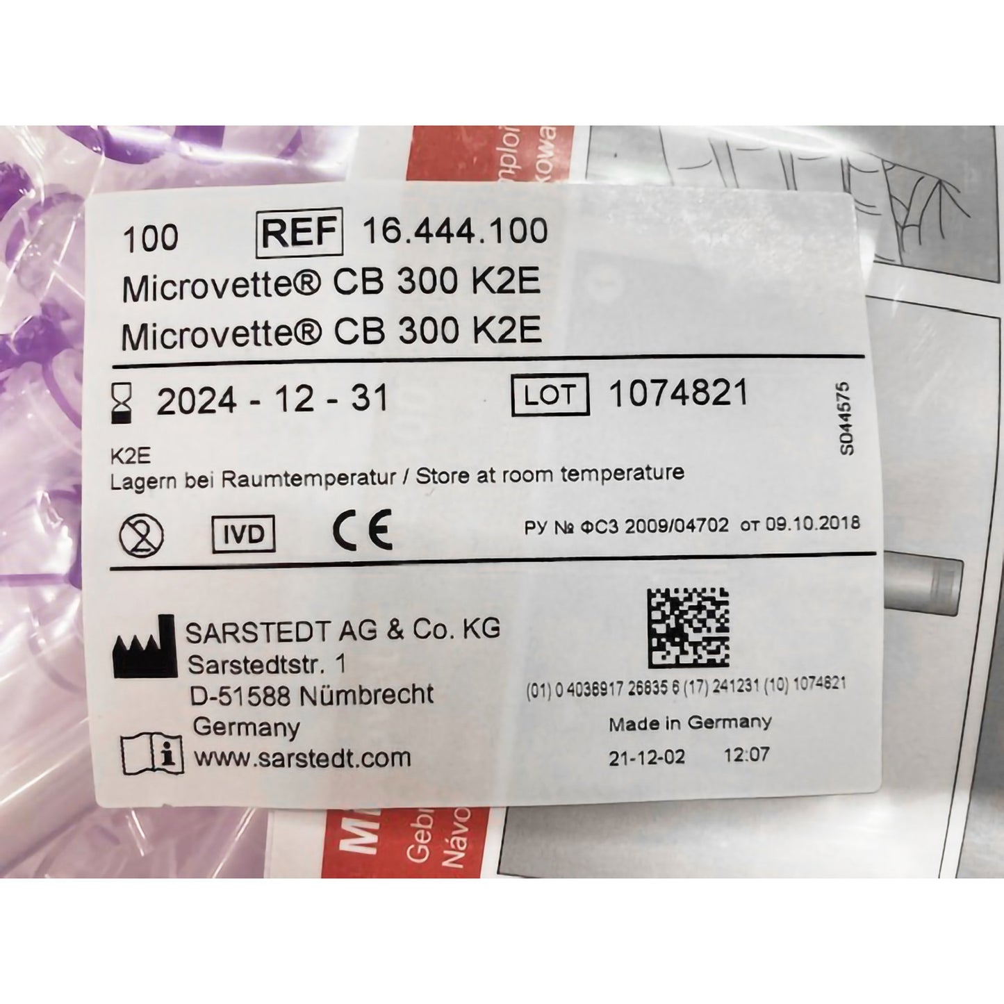 TUBE, CAPILLARY K2EDTA VLT 300UL POLY MICROVETTE