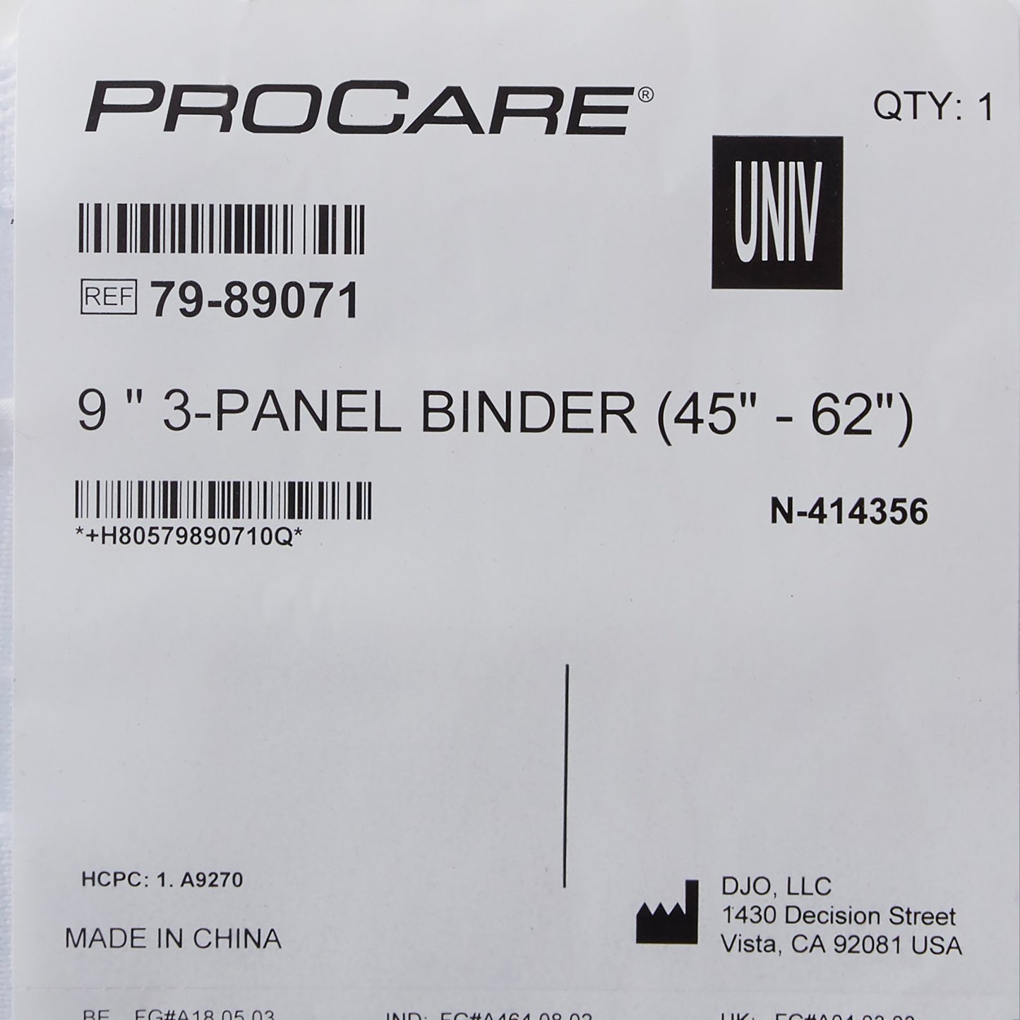BINDER, 3PANEL 9" 45"-62" UNIVDJORTH
